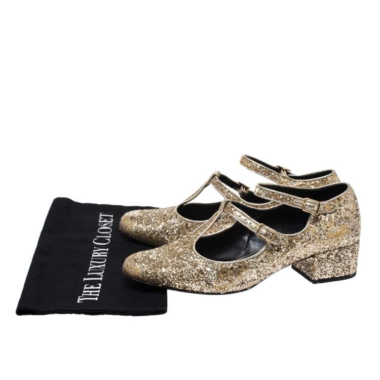 مملوكة مسبقًا Saint Laurent Paris Gold Glitter Mary Jane Block Heel Pumps Size 39.5