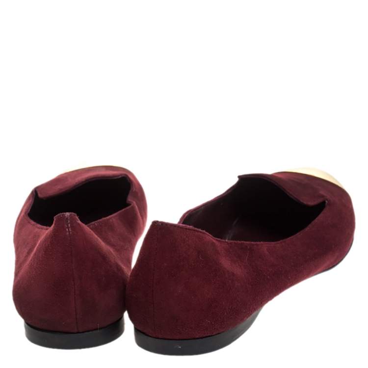 Pre Owned Yves Saint Laurent Burgundy Suede Metal Cap Toe Evelyn Loafers Size 36.5
