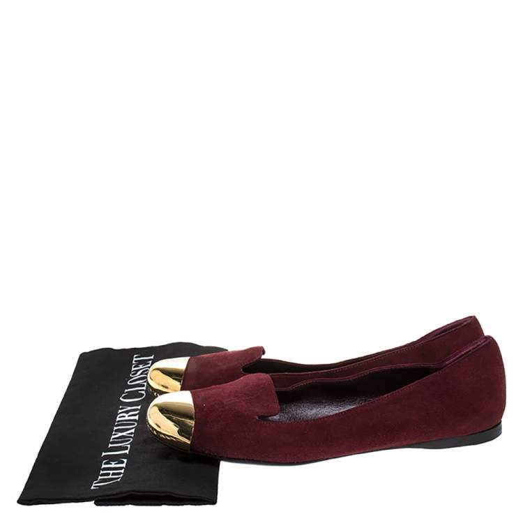 Pre Owned Yves Saint Laurent Burgundy Suede Metal Cap Toe Evelyn Loafers Size 36.5