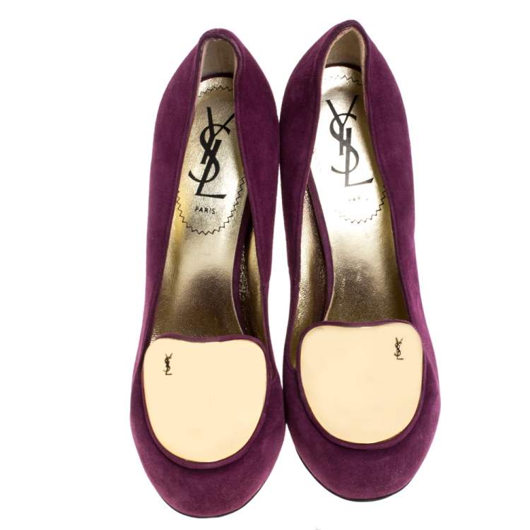 Pre Owned Saint Laurent Paris Purple Suede Plaque Embellished Round Toe Pumps Size 36.5