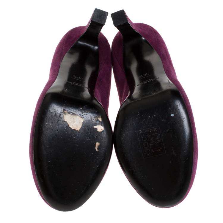 Pre Owned Saint Laurent Paris Purple Suede Plaque Embellished Round Toe Pumps Size 36.5