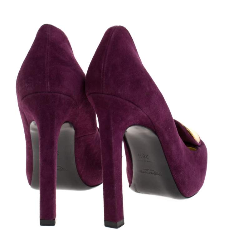 Pre Owned Saint Laurent Paris Purple Suede Plaque Embellished Round Toe Pumps Size 36.5