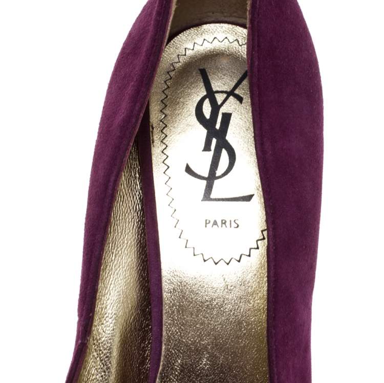 Pre Owned Saint Laurent Paris Purple Suede Plaque Embellished Round Toe Pumps Size 36.5