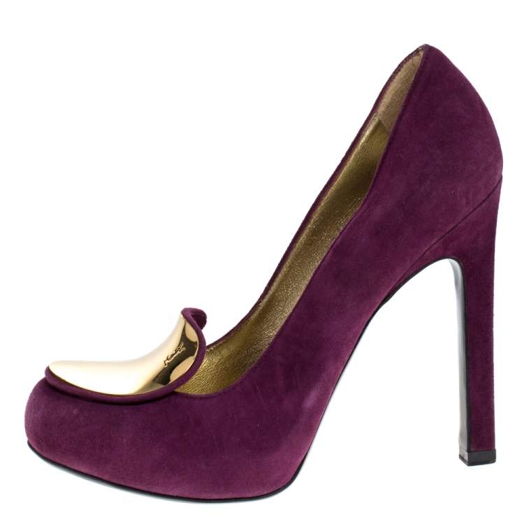 Pre Owned Saint Laurent Paris Purple Suede Plaque Embellished Round Toe Pumps Size 36.5
