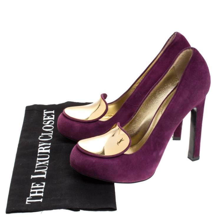 Pre Owned Saint Laurent Paris Purple Suede Plaque Embellished Round Toe Pumps Size 36.5