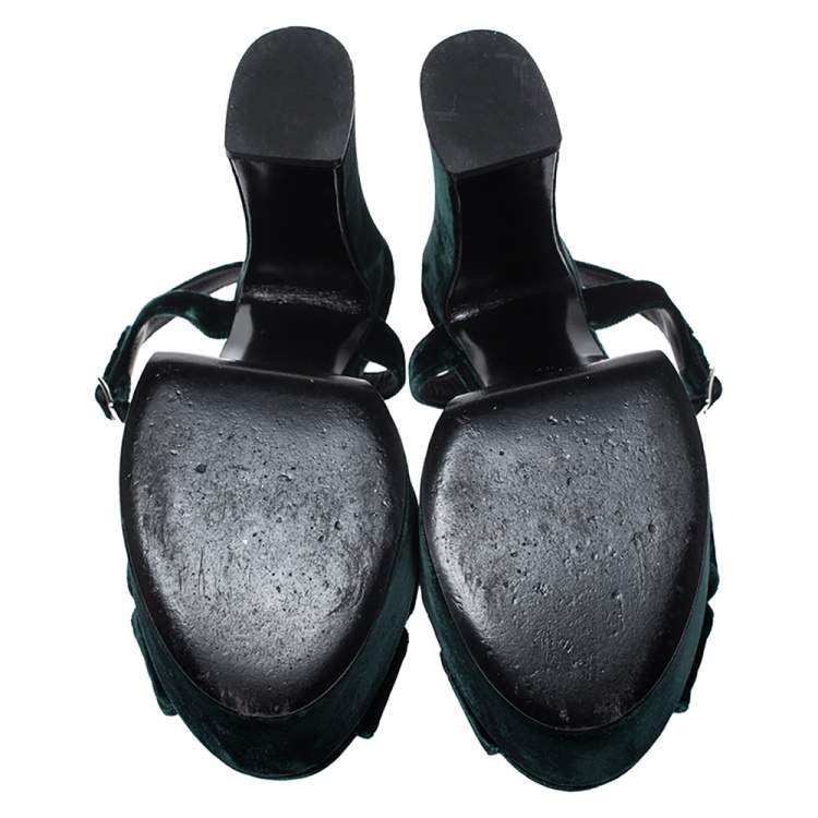 Pre Owned Saint Laurent Green Velvet Candy Bow Platform Sandals Size 39