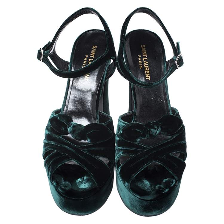 Pre Owned Saint Laurent Green Velvet Candy Bow Platform Sandals Size 39