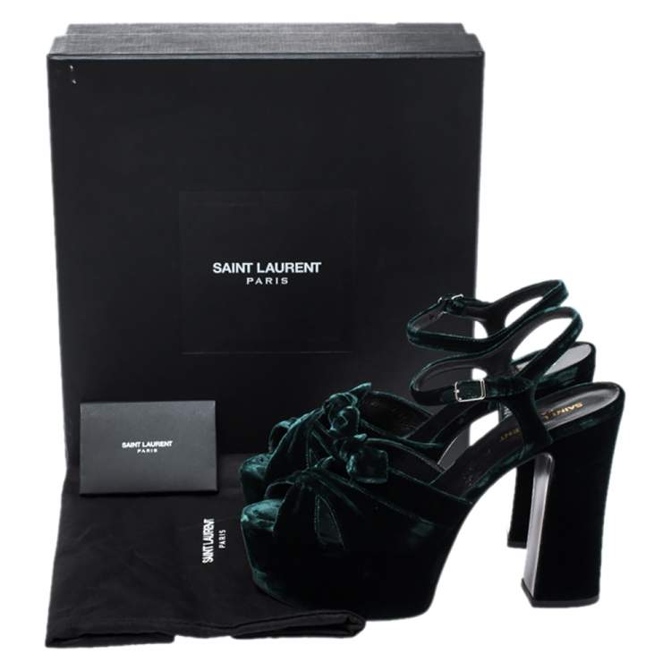 Pre Owned Saint Laurent Green Velvet Candy Bow Platform Sandals Size 39