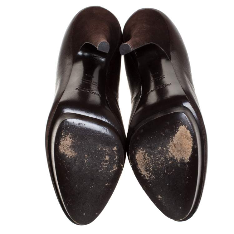Pre Owned Saint Laurent Paris Brown Leather And Suede Trim Platform Booties Size 39.5