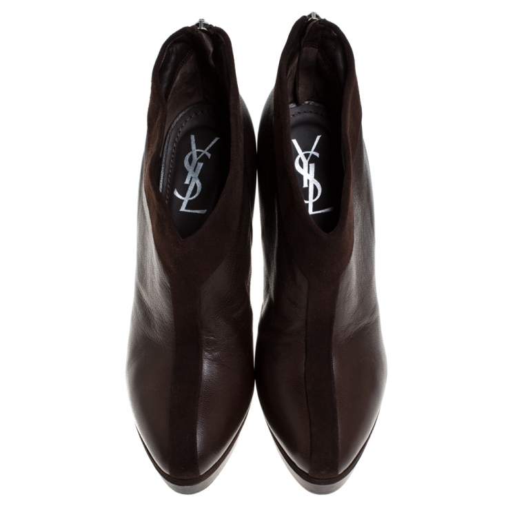 Pre Owned Saint Laurent Paris Brown Leather And Suede Trim Platform Booties Size 39.5
