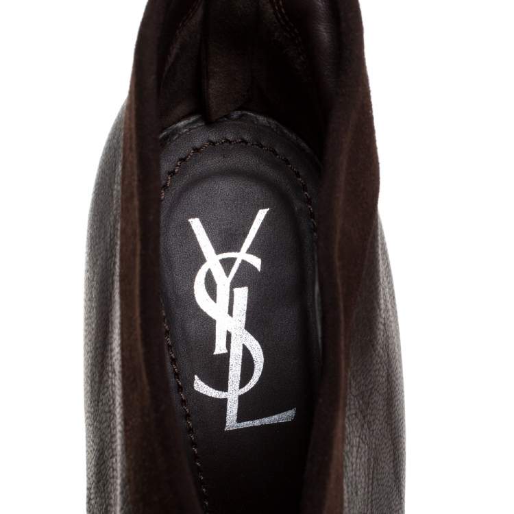 Pre Owned Saint Laurent Paris Brown Leather And Suede Trim Platform Booties Size 39.5