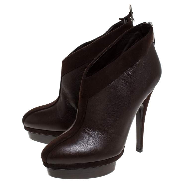 Pre Owned Saint Laurent Paris Brown Leather And Suede Trim Platform Booties Size 39.5