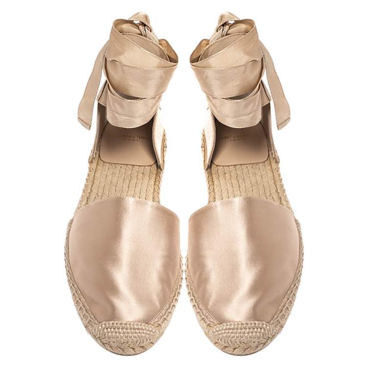 Pre Owned Saint Laurent Champagne Satin Lace Tie Up Espadrille Flat Size 39