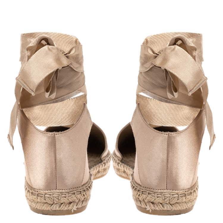 Pre Owned Saint Laurent Champagne Satin Lace Tie Up Espadrille Flat Size 39
