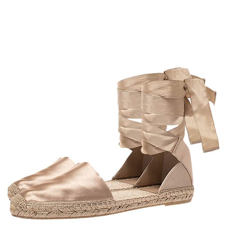 Pre Owned Saint Laurent Champagne Satin Lace Tie Up Espadrille Flat Size 39