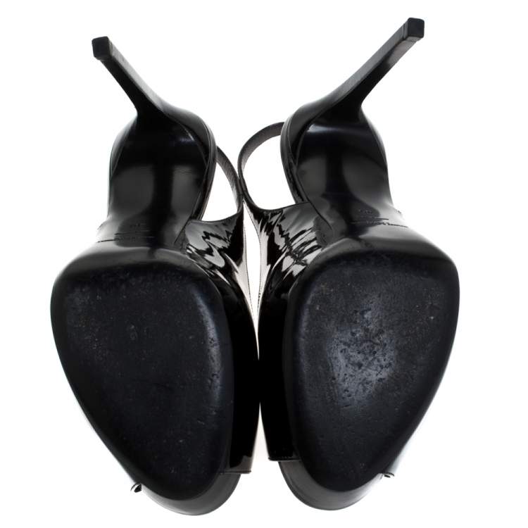 Pre Owned Saint Laurent Black Patent Leather Peep Toe Platform Slingback Sandals Size 40
