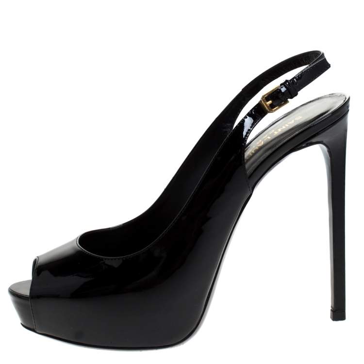 Pre Owned Saint Laurent Black Patent Leather Peep Toe Platform Slingback Sandals Size 40