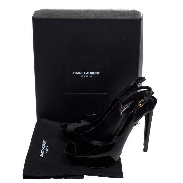 Pre Owned Saint Laurent Black Patent Leather Peep Toe Platform Slingback Sandals Size 40