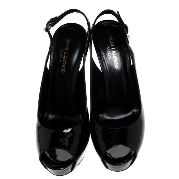 Pre Owned Saint Laurent Black Patent Leather Peep Toe Platform Slingback Sandals Size 40