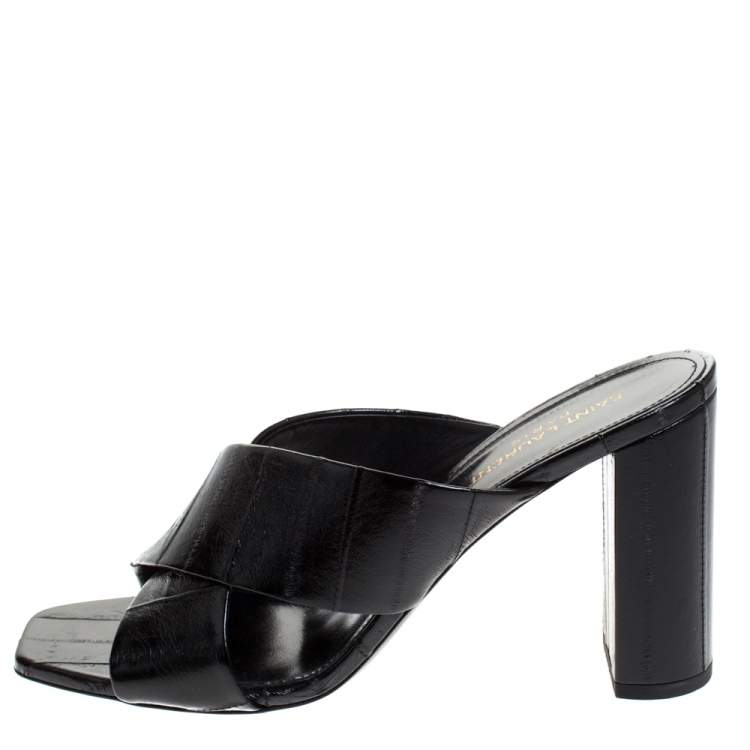 Pre Owned Saint Laurent Paris Black Textured Leather Loulou Criss Cross Mules Size 40