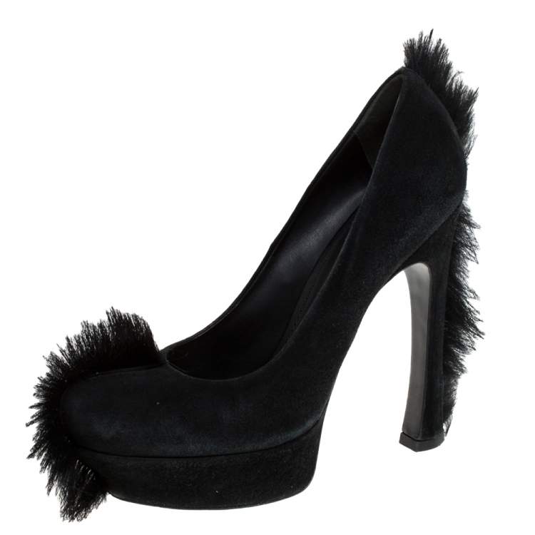 Pre Owned Saint Laurent Paris Black Suede Fur Trim Palais Mohawk Suede Pumps Size 39.5