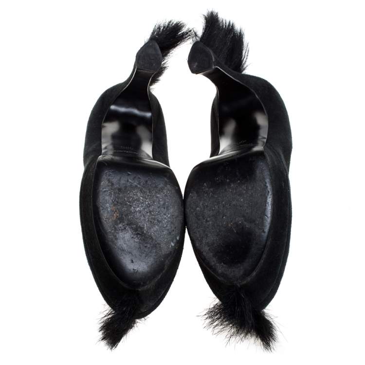 Pre Owned Saint Laurent Paris Black Suede Fur Trim Palais Mohawk Suede Pumps Size 39.5