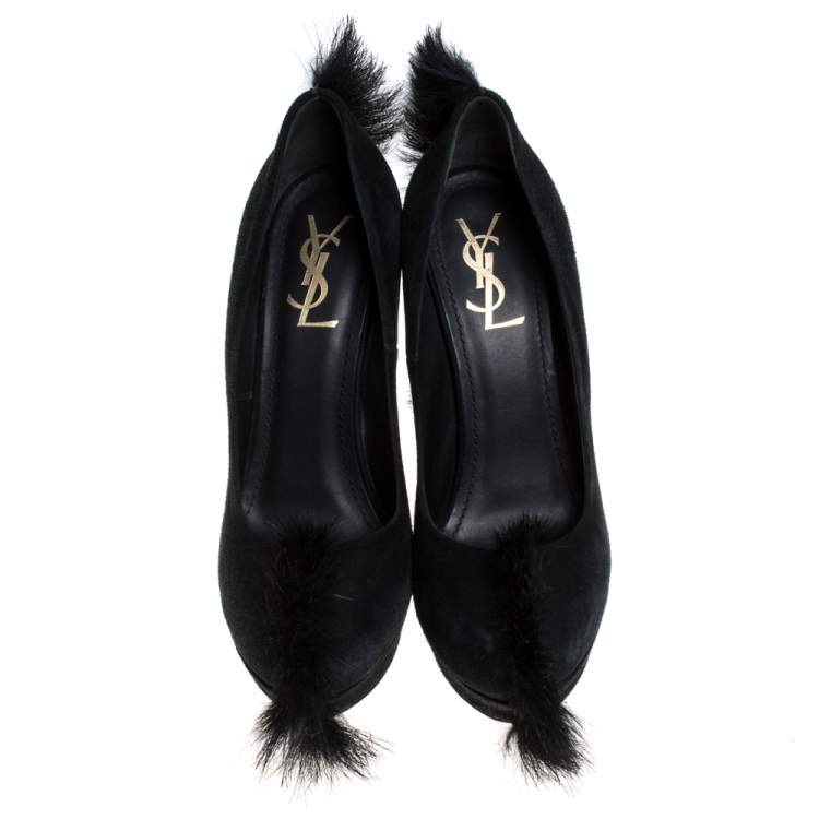 Pre Owned Saint Laurent Paris Black Suede Fur Trim Palais Mohawk Suede Pumps Size 39.5