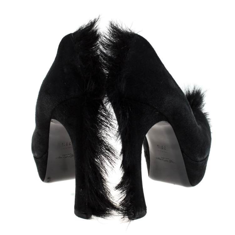 Pre Owned Saint Laurent Paris Black Suede Fur Trim Palais Mohawk Suede Pumps Size 39.5