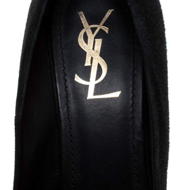 Pre Owned Saint Laurent Paris Black Suede Fur Trim Palais Mohawk Suede Pumps Size 39.5