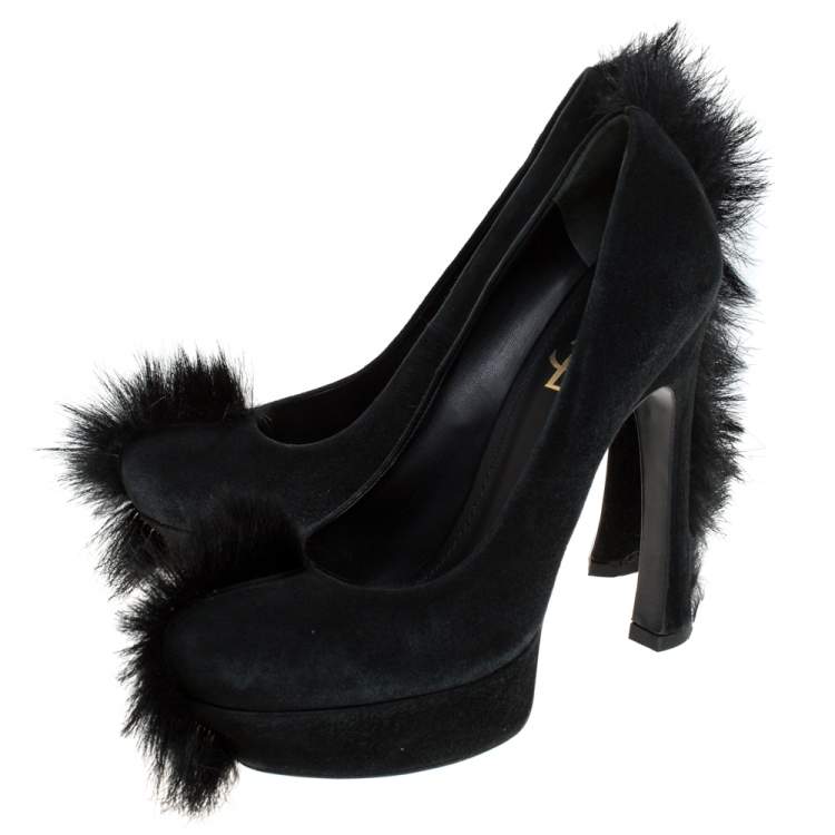 Pre Owned Saint Laurent Paris Black Suede Fur Trim Palais Mohawk Suede Pumps Size 39.5