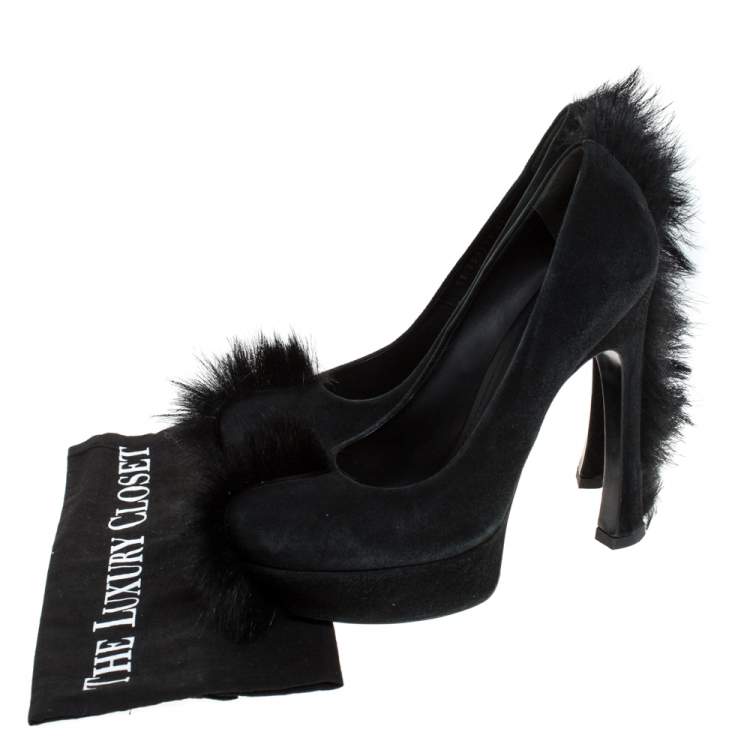 Pre Owned Saint Laurent Paris Black Suede Fur Trim Palais Mohawk Suede Pumps Size 39.5