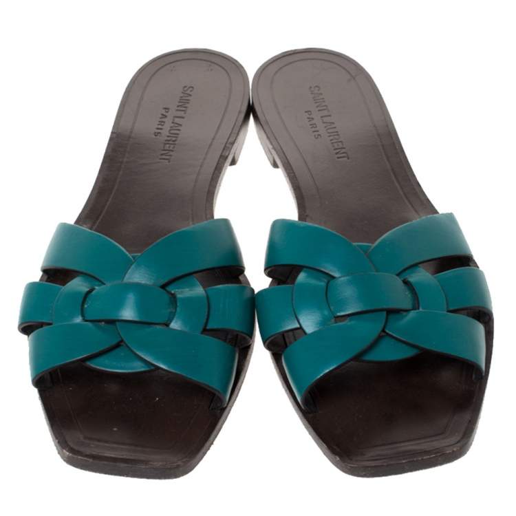 Pre Owned Saint Laurent Green Leather Tribute Flat Slides Size 39