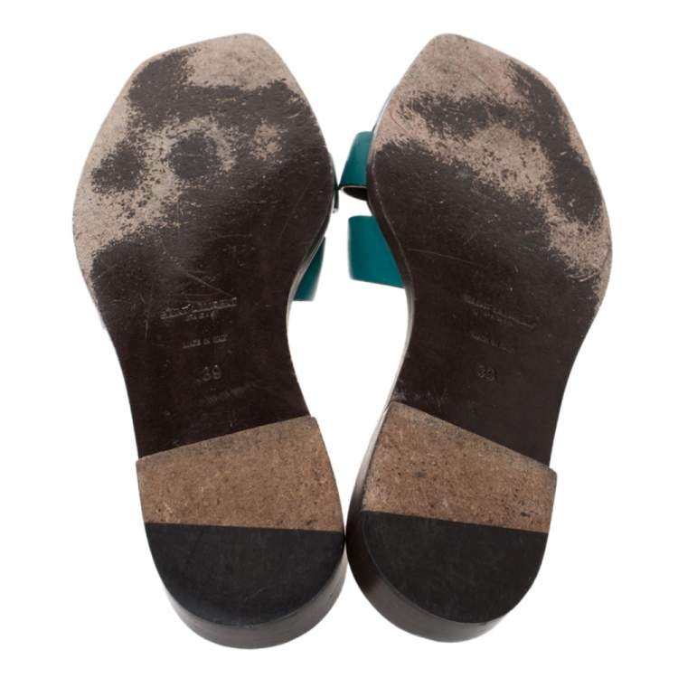 Pre Owned Saint Laurent Green Leather Tribute Flat Slides Size 39