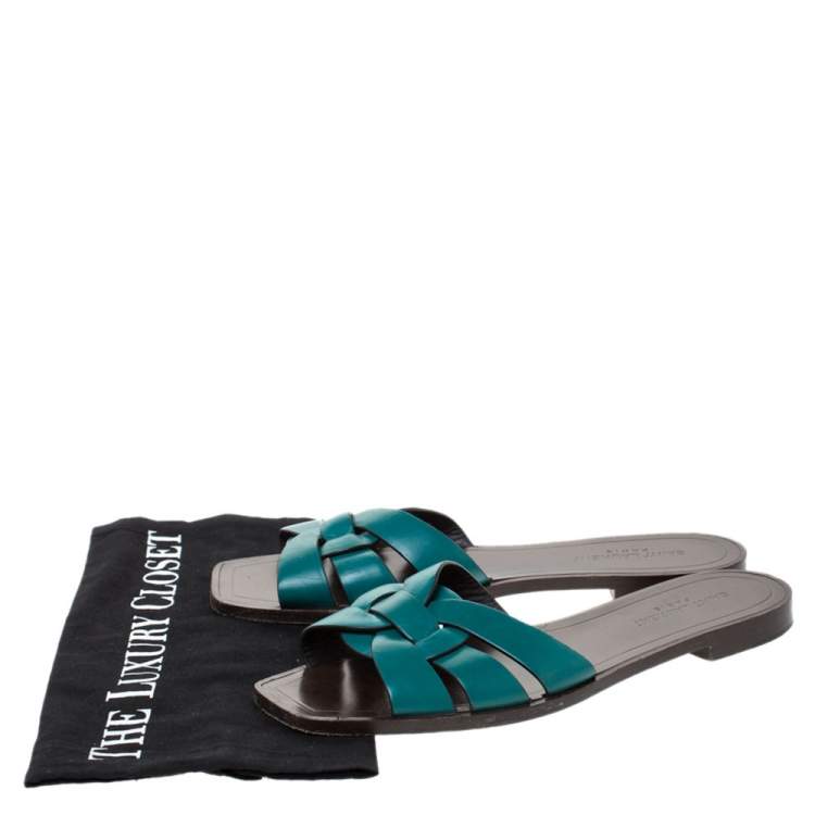 Pre Owned Saint Laurent Green Leather Tribute Flat Slides Size 39
