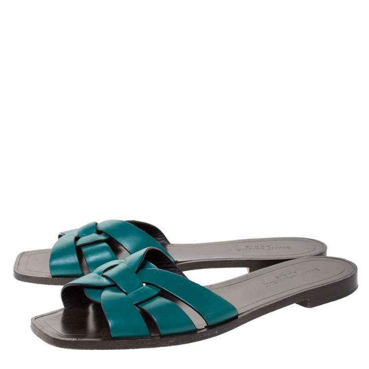 Pre Owned Saint Laurent Green Leather Tribute Flat Slides Size 39