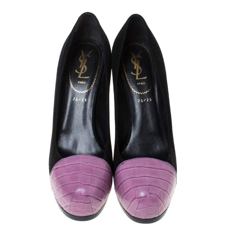Pre Owned Saint Laurent Paris Black Suede And Pink Croc Embossed Leather Tribtoo Platform Pumps Size 40
