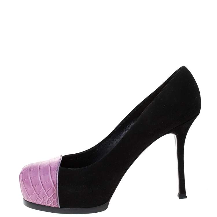 Pre Owned Saint Laurent Paris Black Suede And Pink Croc Embossed Leather Tribtoo Platform Pumps Size 40