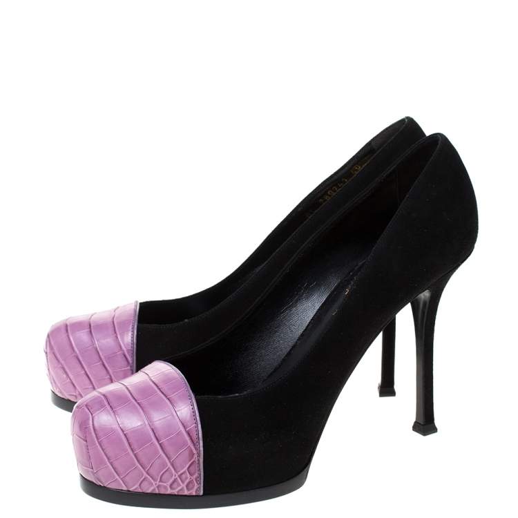 Pre Owned Saint Laurent Paris Black Suede And Pink Croc Embossed Leather Tribtoo Platform Pumps Size 40