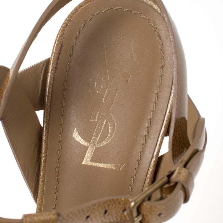Pre Owned Saint Laurent Paris Gold Patent Leather Tribute Platform Sandals Size 38.5