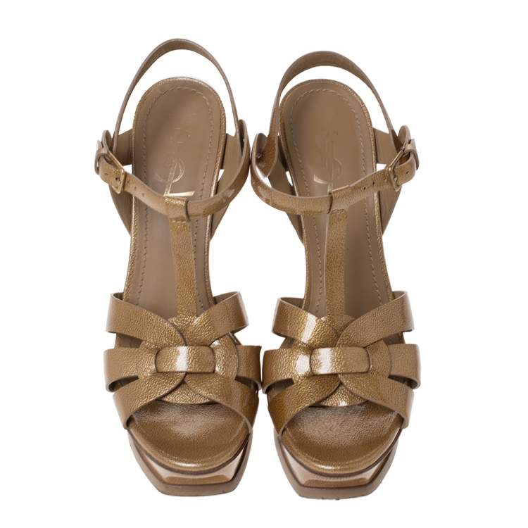 Pre Owned Saint Laurent Paris Gold Patent Leather Tribute Platform Sandals Size 38.5