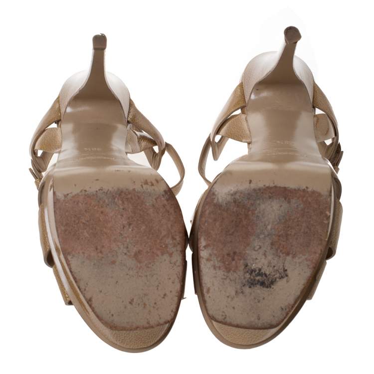Pre Owned Saint Laurent Paris Gold Patent Leather Tribute Platform Sandals Size 38.5