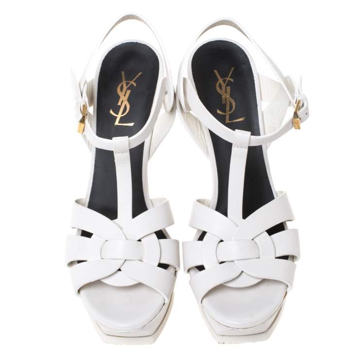 Pre Owned Saint Laurent White Leather Tribute Platfrom Sandals Size 39