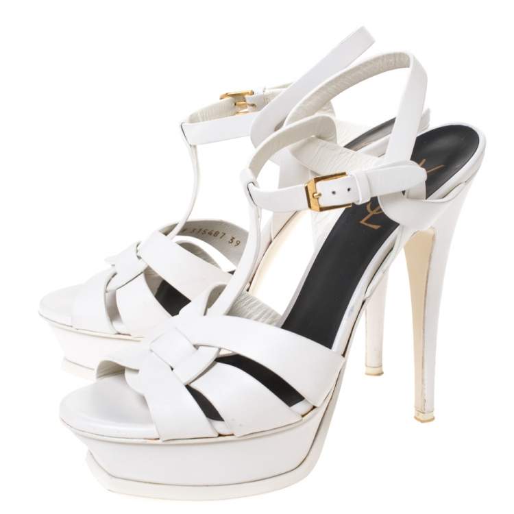 Pre Owned Saint Laurent White Leather Tribute Platfrom Sandals Size 39