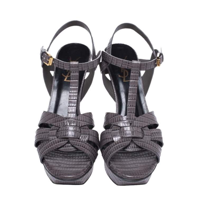 Pre Owned Saint Laurent Grey Lizard Embossed Leather Tribute Platform Sandals Size 37