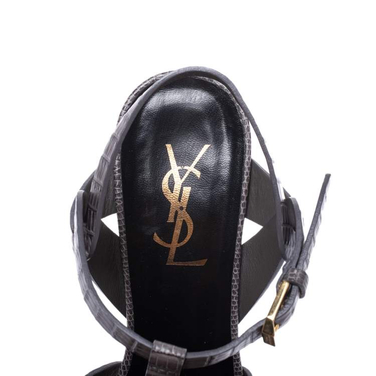 Pre Owned Saint Laurent Grey Lizard Embossed Leather Tribute Platform Sandals Size 37