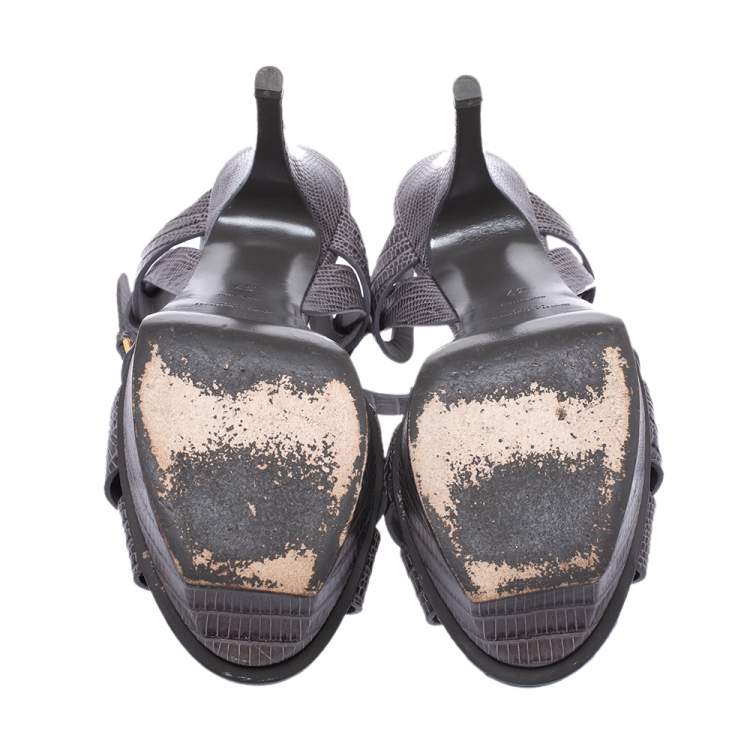 Pre Owned Saint Laurent Grey Lizard Embossed Leather Tribute Platform Sandals Size 37