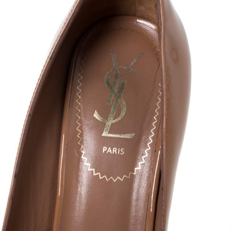 Pre Owned Yves Saint Laurent Beige Patent Leather And Leather Bow Tie Palais Platform Peep Toe Pumps Size 38.5