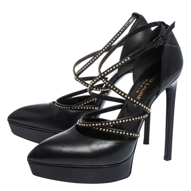 Pre Owned Saint Laurent Black Leather Studded Strap Janis Platform Pumps Size 36