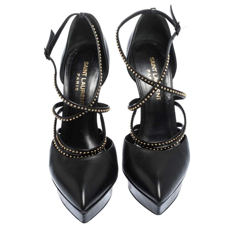 Pre Owned Saint Laurent Black Leather Studded Strap Janis Platform Pumps Size 36