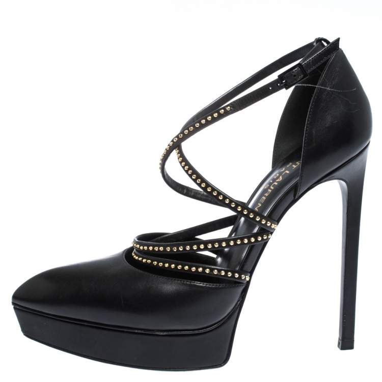 Pre Owned Saint Laurent Black Leather Studded Strap Janis Platform Pumps Size 36